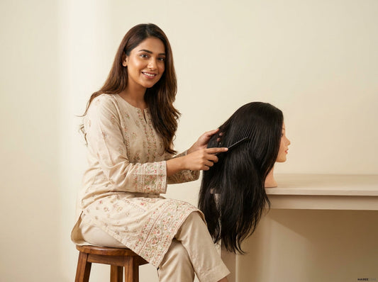 Woman styling a natural human hair wig at home - Hairee Pakistan
