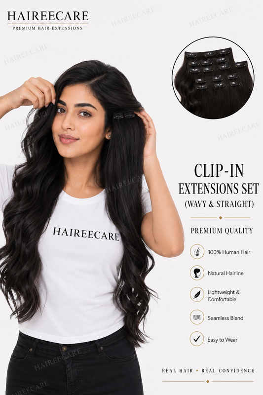 A woman modeling long, wavy black clip-in hair extensions, with an inset showing the extension pieces and text listing features such as 100% human hair, natural hairline, lightweight comfort, seamless blend, and easy to wear. The brand name HAIRECARE is visible at the top and on her white T-shirt.