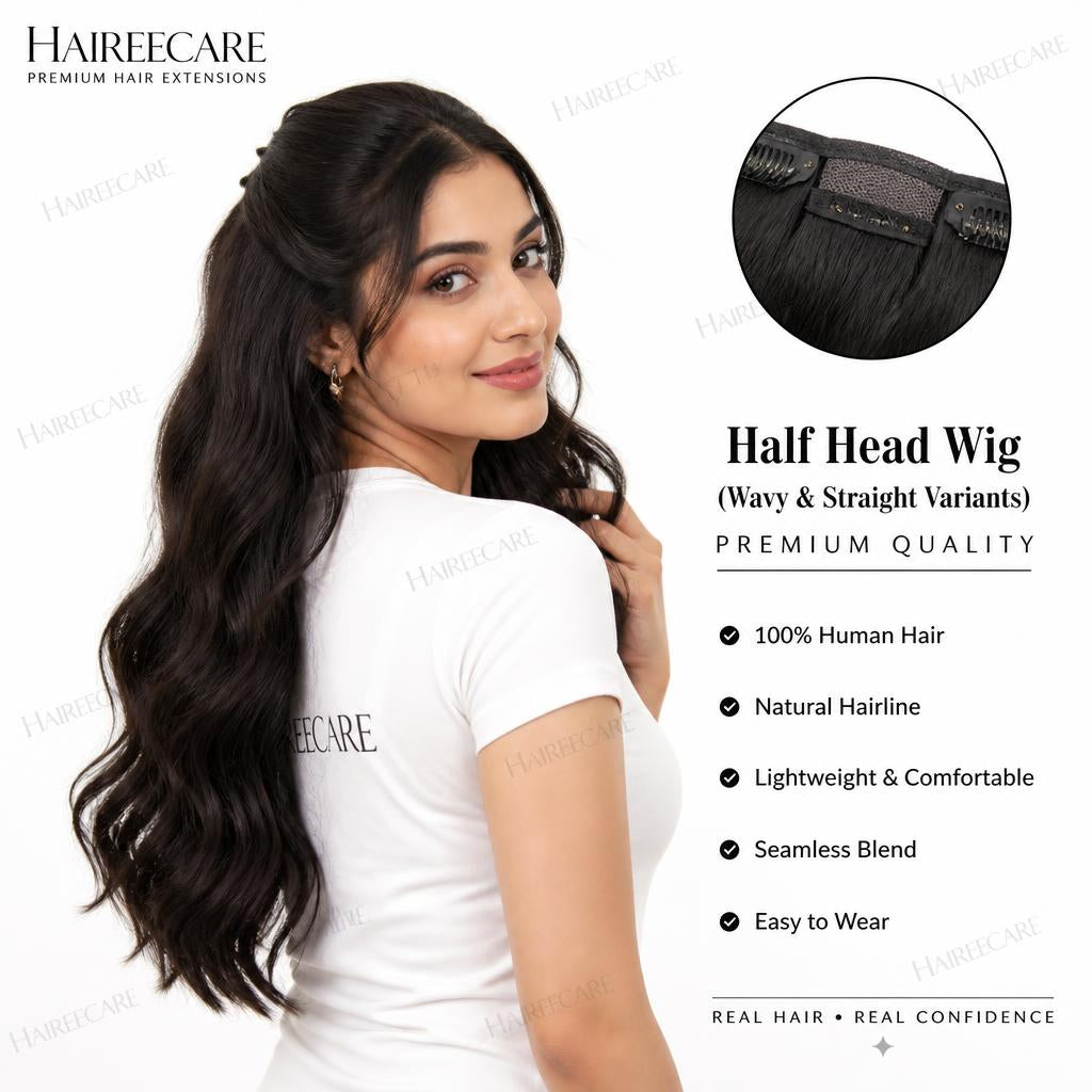 A woman modeling a long, wavy dark brown half head wig with a visible hair extension attachment, shown alongside product text and a circular inset detail of the attachment. The brand name Haireecare is visible on the top left and watermarked across the image.